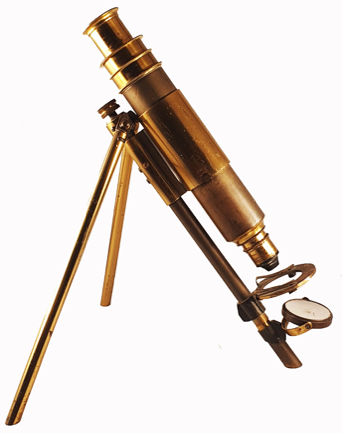 A gold telescope on a tripod
Description automatically generated