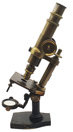 A gold microscope on a white background
Description automatically generated